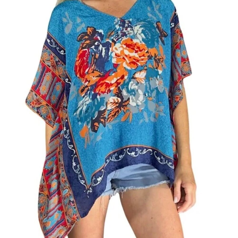 Anthropologie Teal Blue Floral Border V-Neck Poncho Blouse